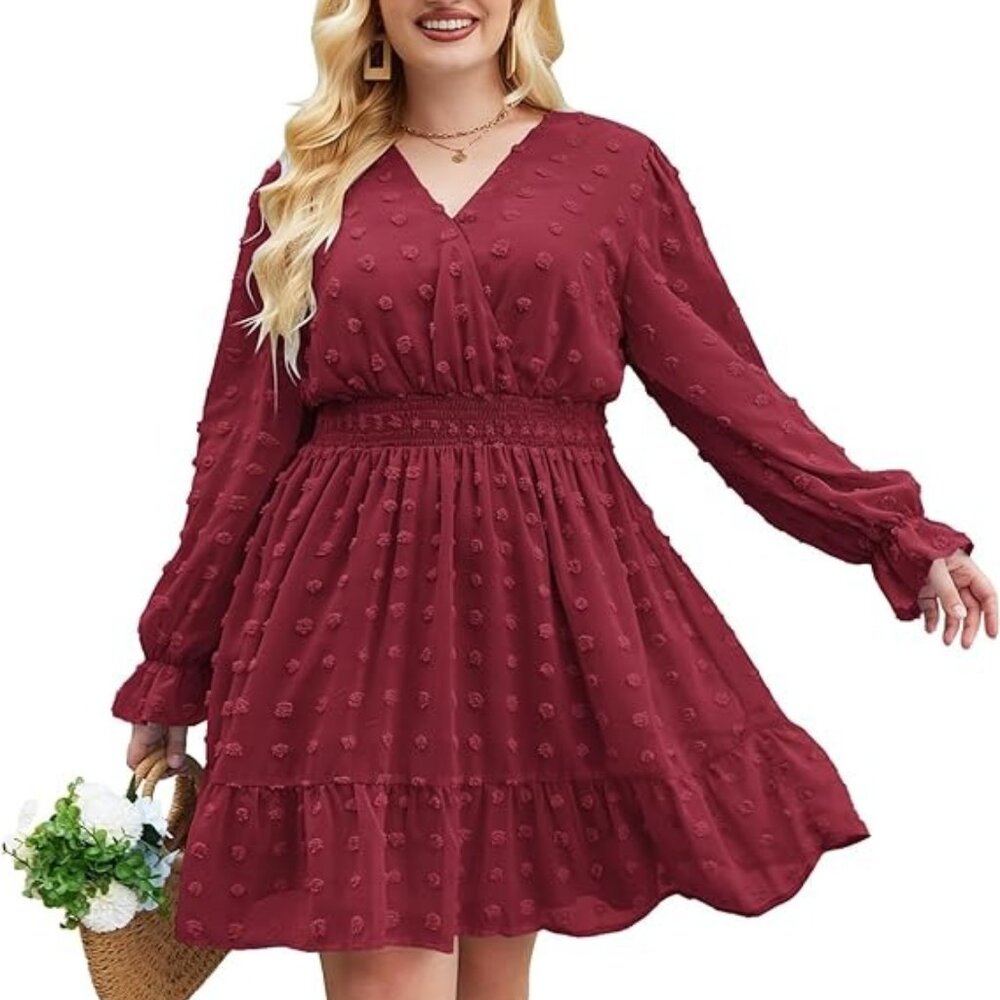 IN'VOLAND Women's Plus Size Swiss Dot Dress Long Sleeve V Neck Chiffon Smocked S